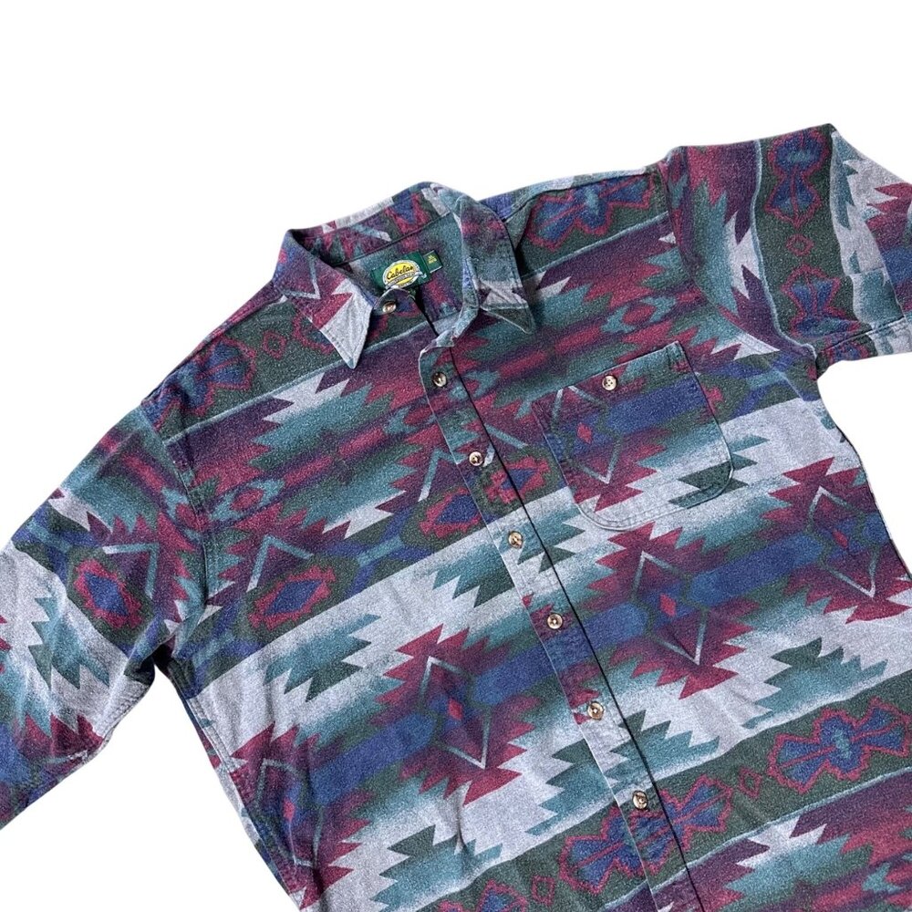 Cabelas Southwestern Aztec Tribal Flannel Shirt XL 1990s Vintage Western Unisex